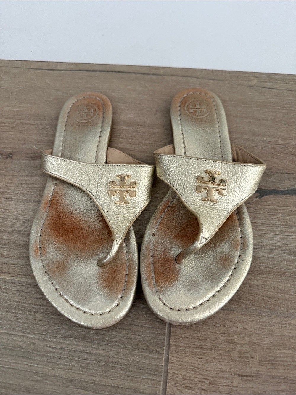 Tory Burch Jolie Metallic Gold Miller Thong Sandals with Logo